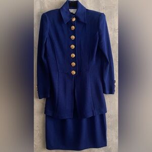 ST JOHN Collection Marie Gray Santana Knit Royal Blue Jacket Skirt Gld Suit Sz 4